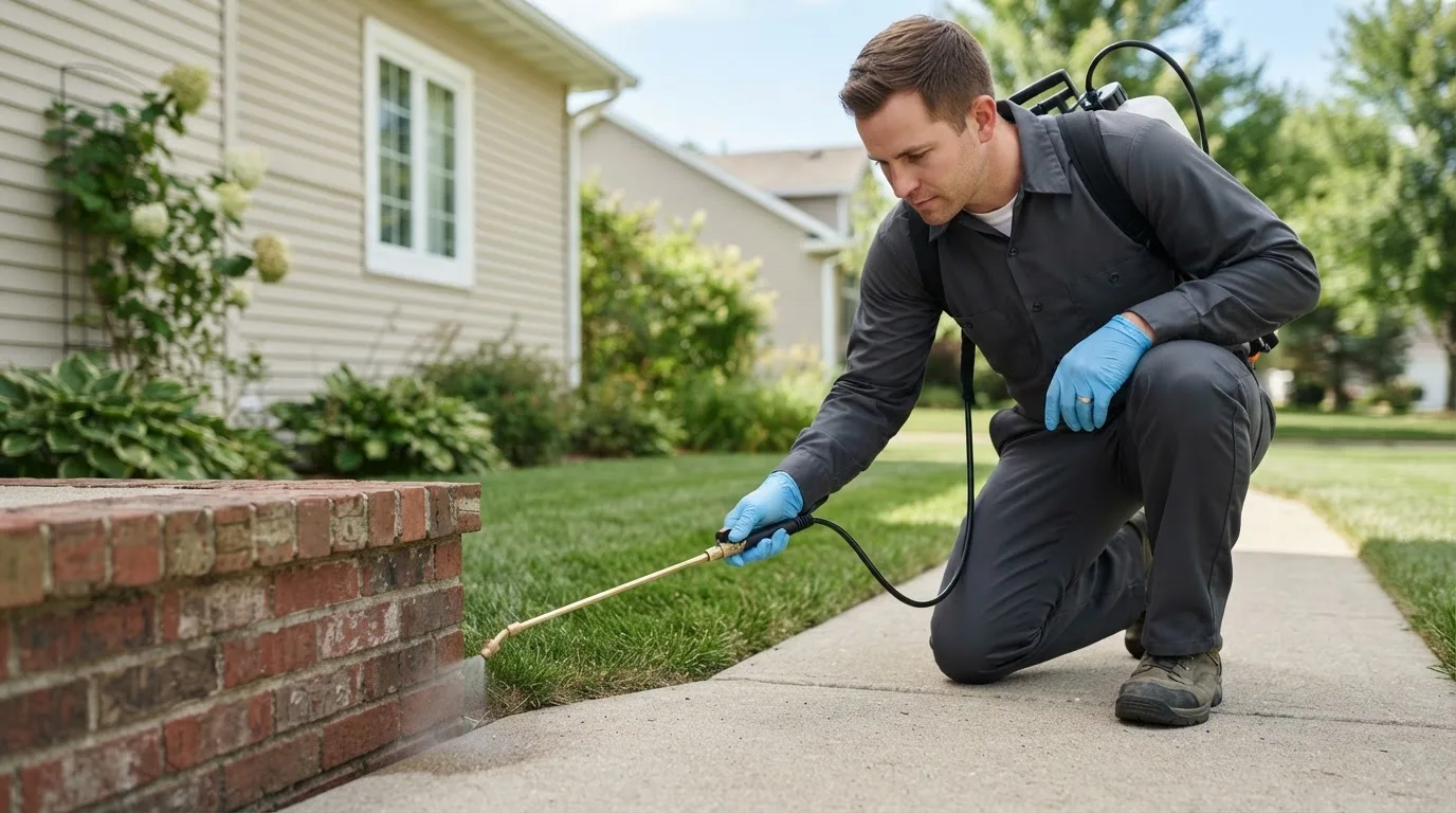 Pest control technician treating a home near Beaver Falls, PA